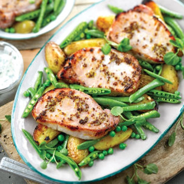 Bacon Chops with Warm Potato Salad and Peas